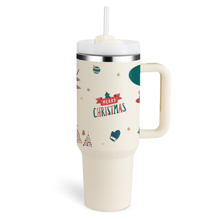 Explore more with this 40 oz insulated travel mug, equipped with a handle & drinking straw.
