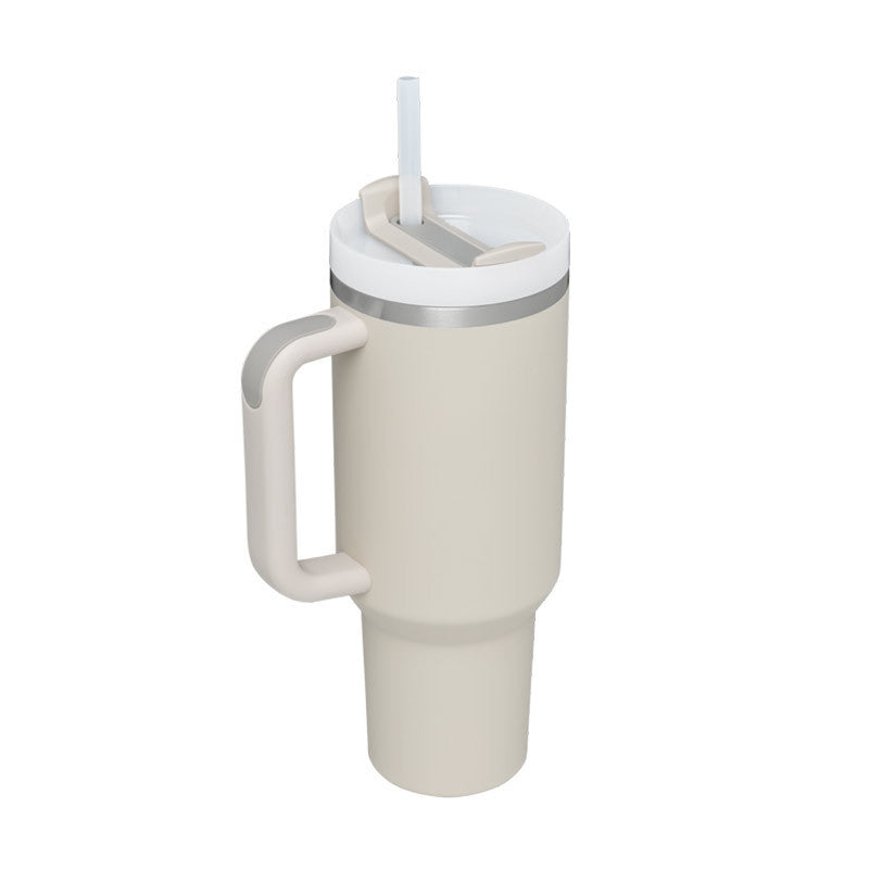 Premium quality 40 oz insulated travel mug with handle & straw, for office or outdoor use.