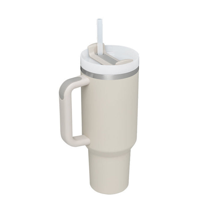 Premium quality 40 oz insulated travel mug with handle & straw, for office or outdoor use.