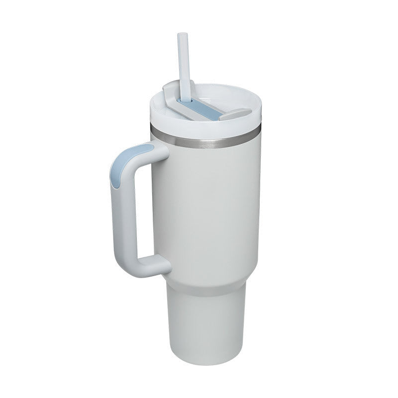 Large capacity 40 oz travel mug, insulated for lasting hot/cold. Comes with handle & straw.