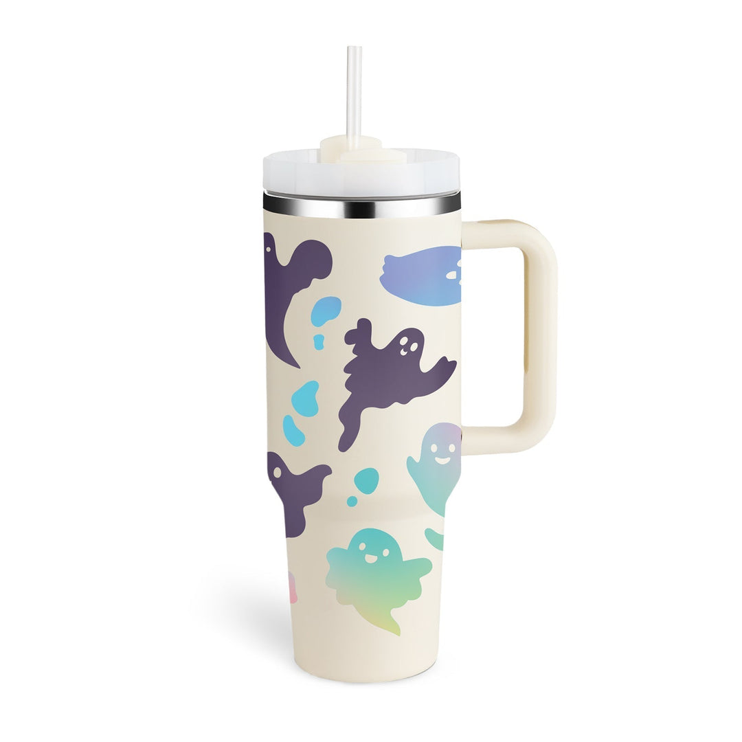 Enjoy your commute with this 40 oz insulated travel mug, handle, and convenient straw.