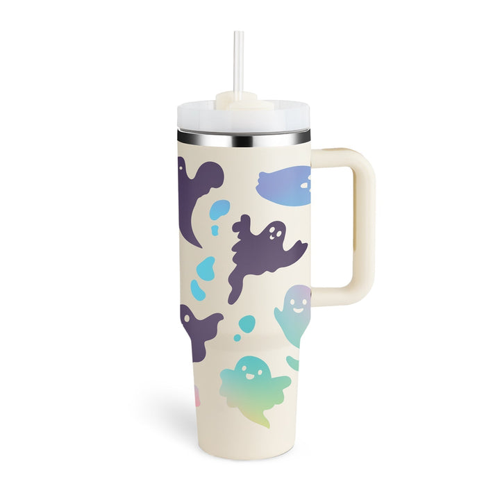 Enjoy your commute with this 40 oz insulated travel mug, handle, and convenient straw.