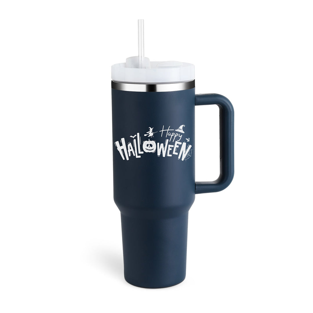 Durable 40 oz insulated travel mug with handle & straw, keeping your drinks at ideal temperature.