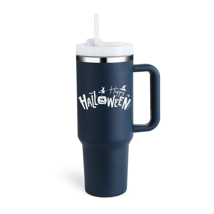 Durable 40 oz insulated travel mug with handle & straw, keeping your drinks at ideal temperature.