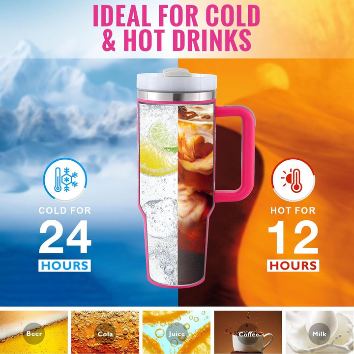 Large capacity 40 oz travel mug, insulated for hot/cold drinks. Features handle & convenient straw.