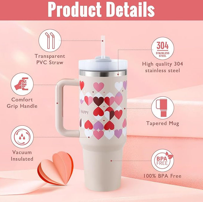 Durable 40 oz insulated coffee cup with handle & straw. Ideal for travel, office, or outdoor use.