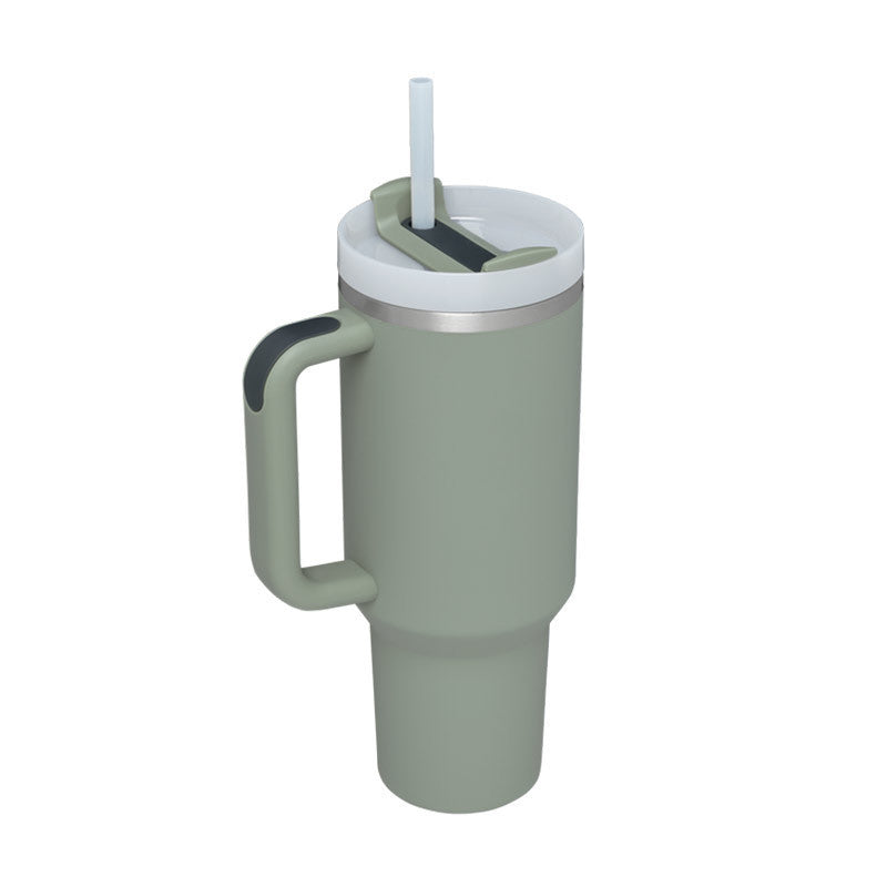 Enjoy hot coffee or cold water in this 40 oz insulated travel mug with handle and straw.