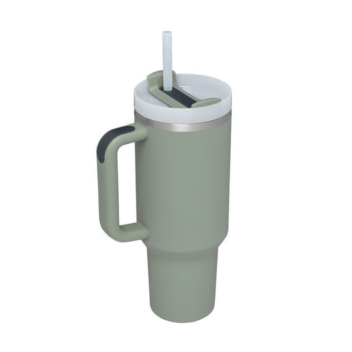 Enjoy hot coffee or cold water in this 40 oz insulated travel mug with handle and straw.