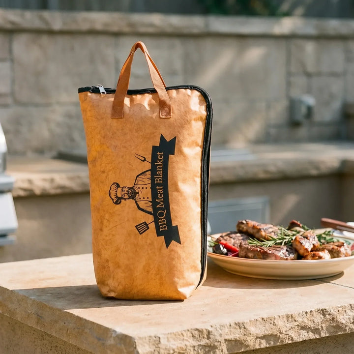 Insulated meat resting bag for BBQ, roasts, and grilling; keeps food warm, enhances flavor for outdoor cooking.