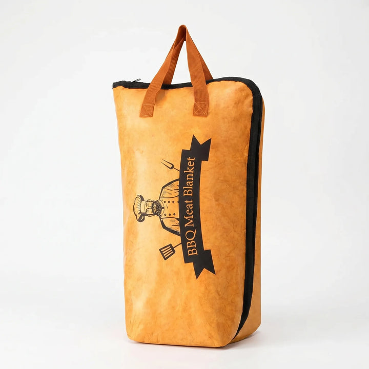 Portable insulated bag for resting BBQ meats & roasts. Keeps grilled food warm for picnics, camping, outdoor dining.