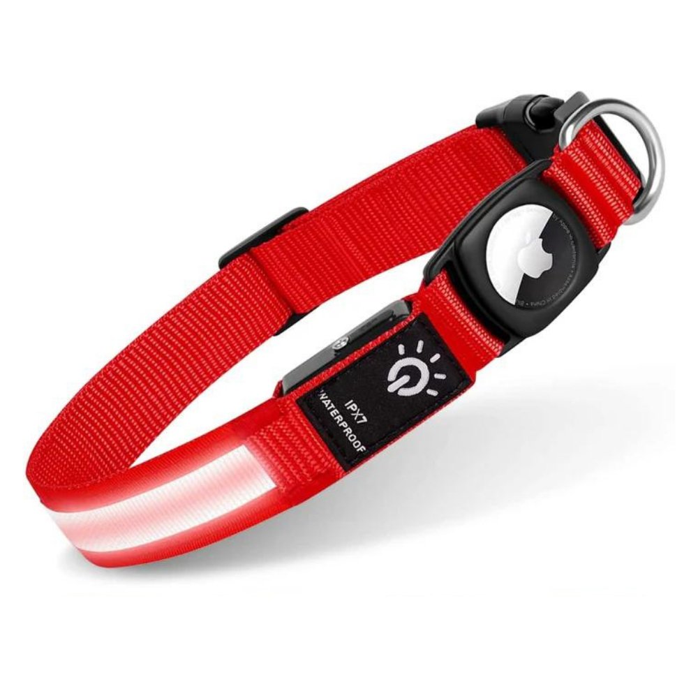 Reflective AirTag dog collar with integrated LED light, enhancing visibility and safety for night walks & outdoor pets.