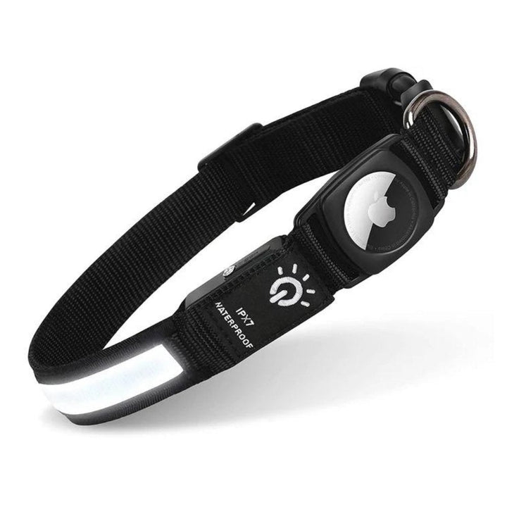 Innovative AirTag dog collar, fully integrating the tracker with waterproof material and a bright LED safety light.