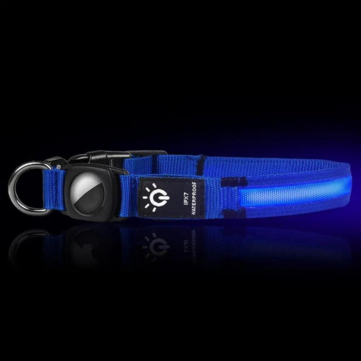 Stylish AirTag dog collar, waterproof & luminous, with secure holder for GPS tracker. Ideal for active outdoor pets.