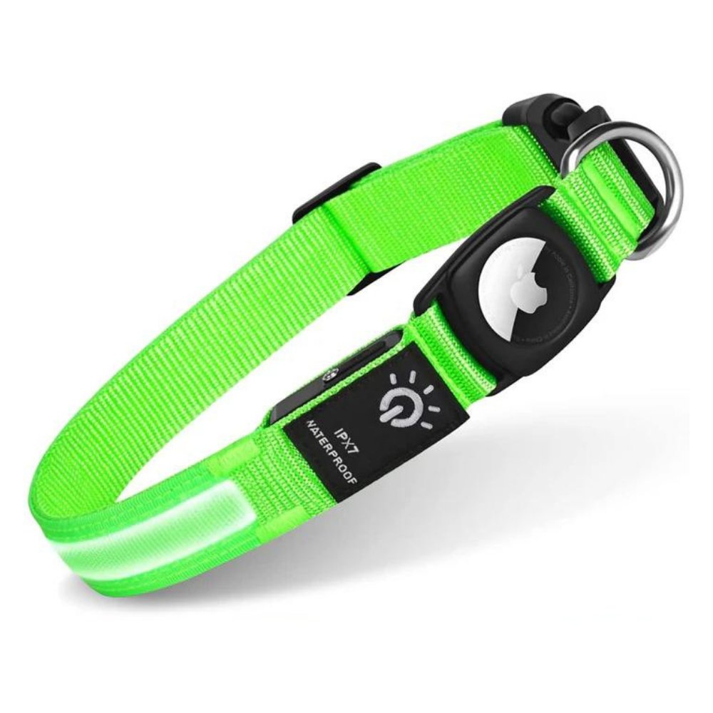 Securely integrated AirTag holder on a waterproof dog collar with bright LED light for ultimate pet tracker safety.
