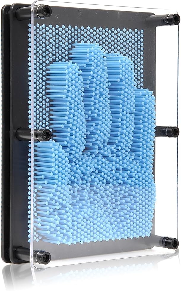Colorful pin art board showing a hand impression, perfect for sensory play and desk decor.