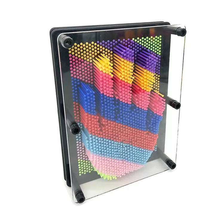 Pin art display forming an abstract shape, an engaging toy for creativity and tactile exploration.
