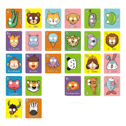 Educational animal-themed alphabet flash cards for kids, promoting screen-free creative play