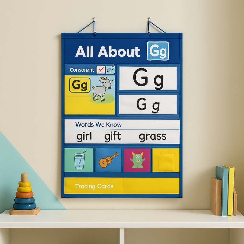 Interactive alphabet chart for preschool/kindergarten literacy; kids learning phonics and letters.
