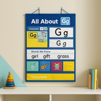 Interactive alphabet chart for preschool/kindergarten literacy; kids learning phonics and letters.