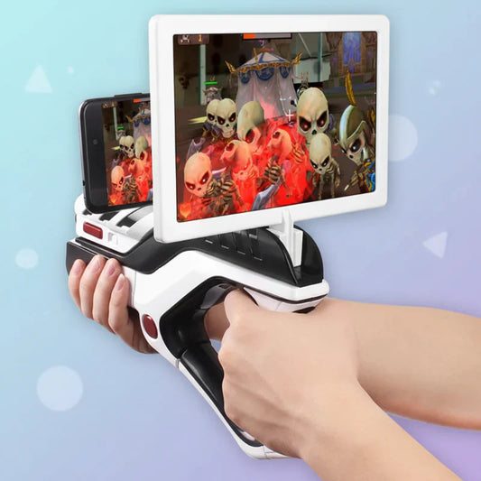 Interactive AR Blaster for immersive gaming, black with orange accents, Bluetooth enabled