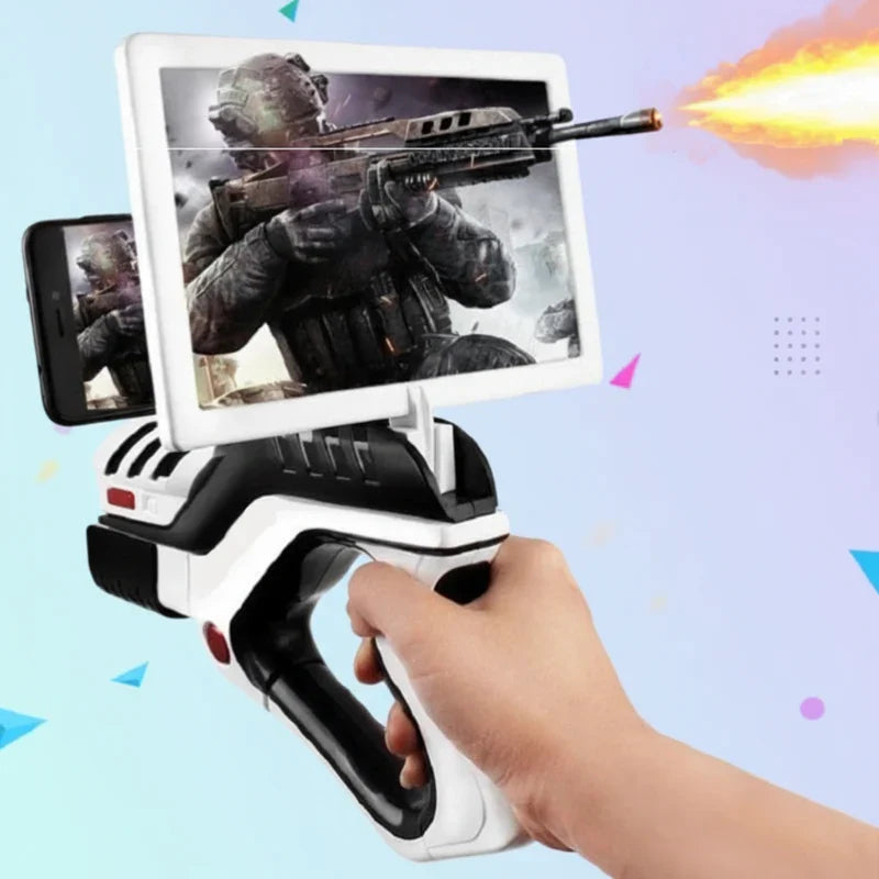 Close-up of AR Blaster's phone holder and trigger for interactive gaming sessions