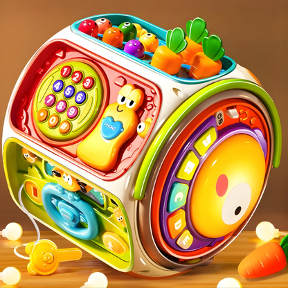 Interactive baby activity cube with multiple sensory play sides for early development