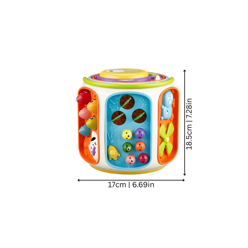 Colorful toddler activity cube toy with musical features stimulates fine motor skills