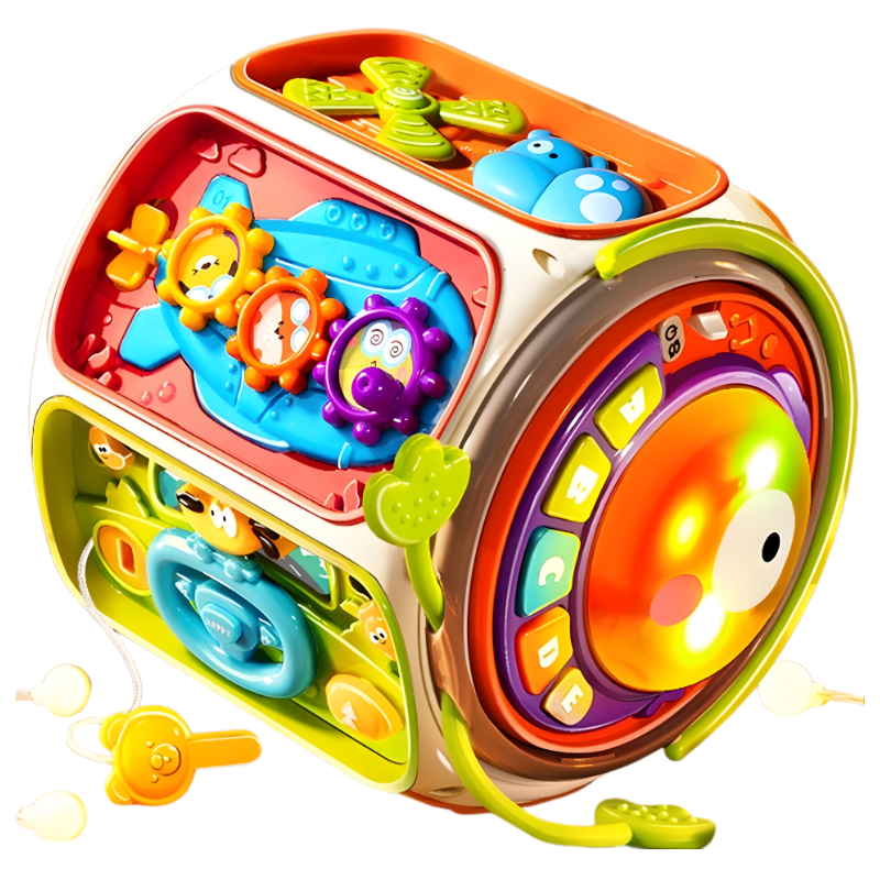 Educational baby activity cube with various learning activities for early development