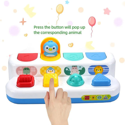 Baby engrossed in interactive button toy, developing essential motor skills