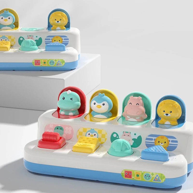 Detailed shot of interactive baby toy's buttons, showing texture and design