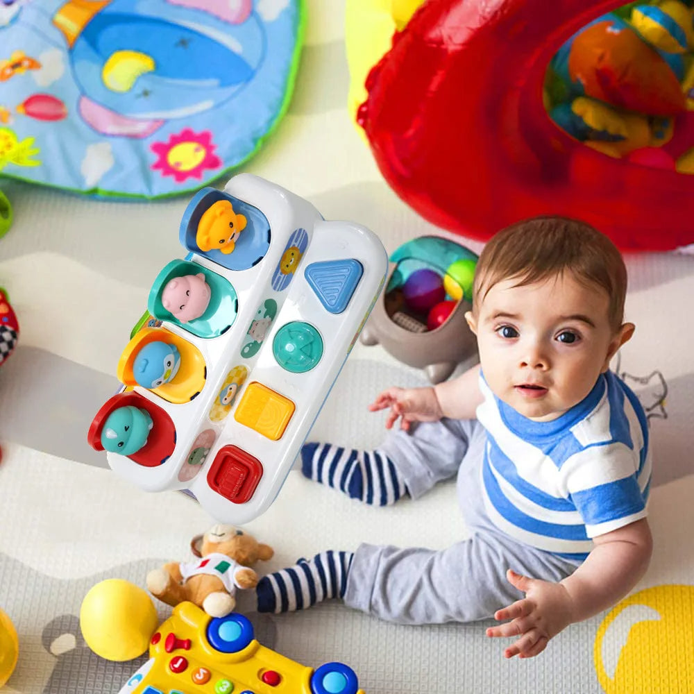 Close-up of interactive baby toy with colorful buttons, promoting fine motor skills