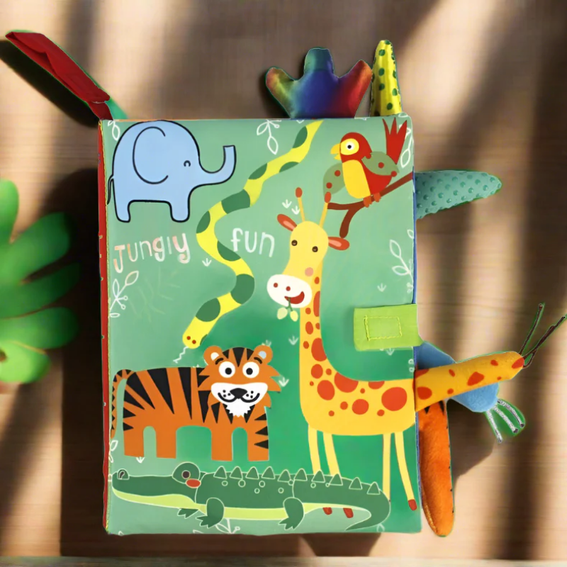 Interactive baby sensory cloth book with jungle animals, crinkly pages for early learning.