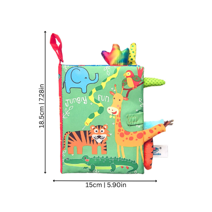 Soft cloth book for babies, 'Dinosaurs' theme, features crinkle sounds and tactile elements.