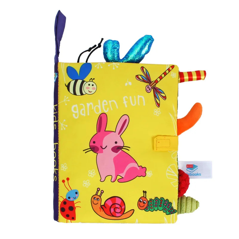Baby sensory cloth book, multi-themed (jungle, dinosaurs, farm, unicorn, ocean) for infants.