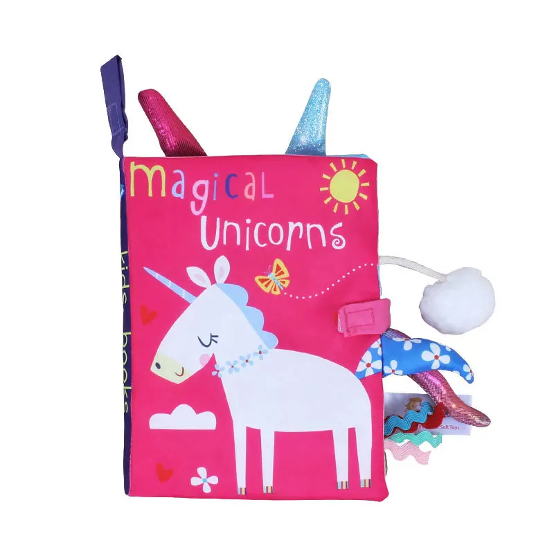 Early learning interactive cloth book for babies, soft tactile pages and crinkle sounds.
