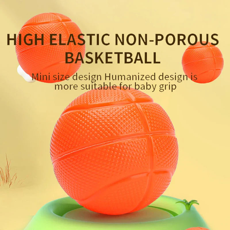 Close-up of interactive bath basketball hoop net and colorful balls, kid-friendly design