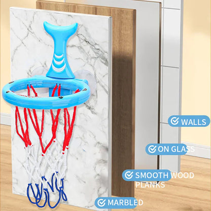 Bath time fun: child reaching for the interactive basketball hoop toy attached to wall
