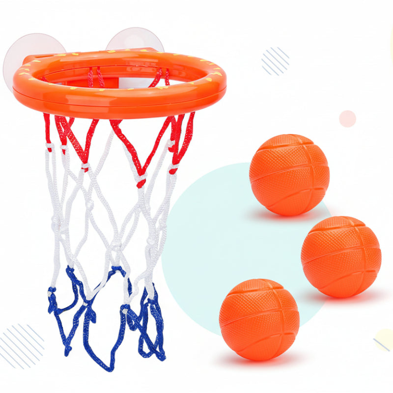 Set of interactive bath basketball hoop and three floating balls for engaging water play