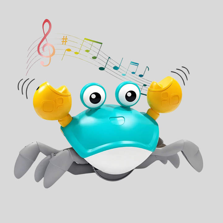 Interactive blue & orange plush crab dog toy with squeaker & crinkle sounds for playful pups.