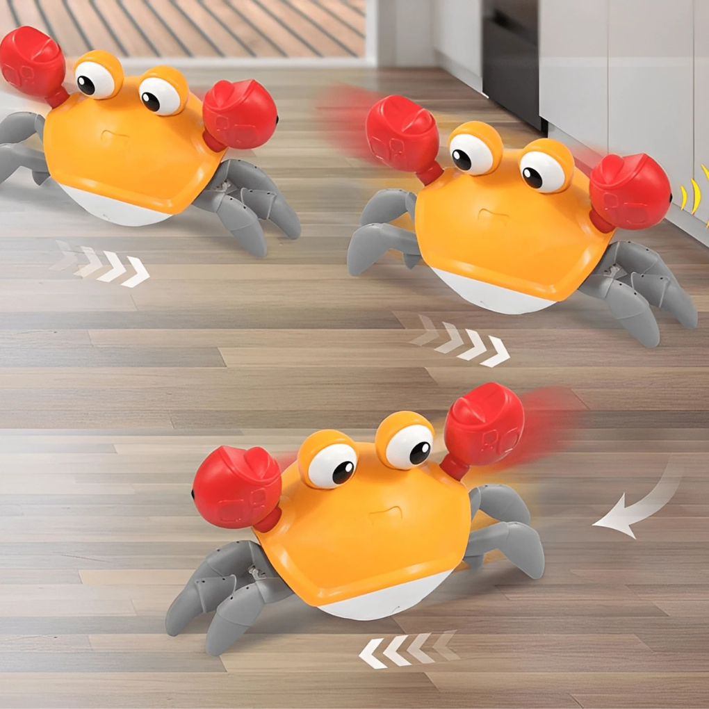 Playful blue and orange crab dog toy; interactive plush with crinkle and squeaky features for pets.