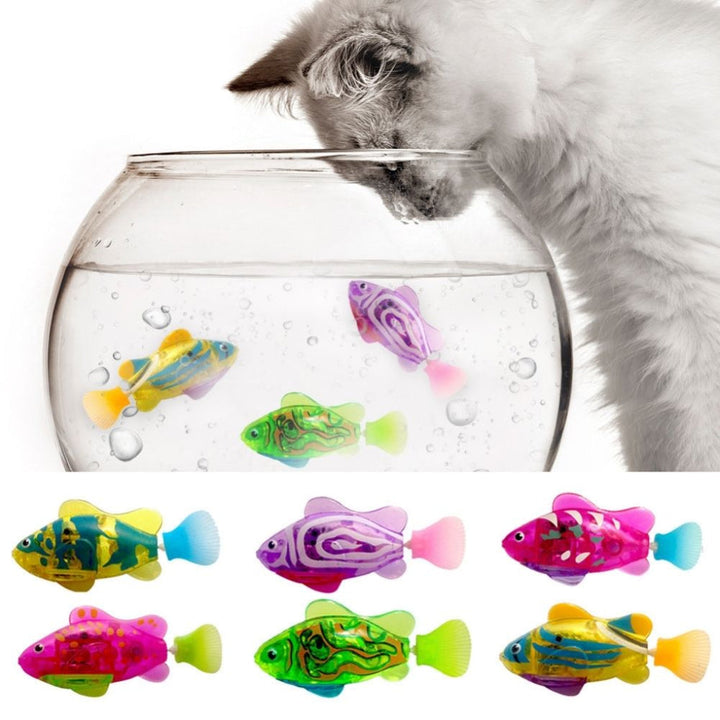 Interactive cat fish toy swimming in water with glowing lights, stimulating feline play and enrichment.