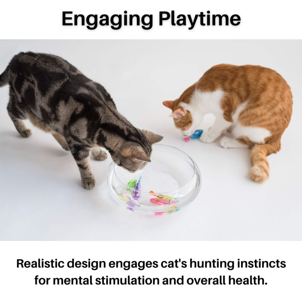 Feline enrichment cat water toy, simulating a swimming fish with bright lights to engage playful pets.