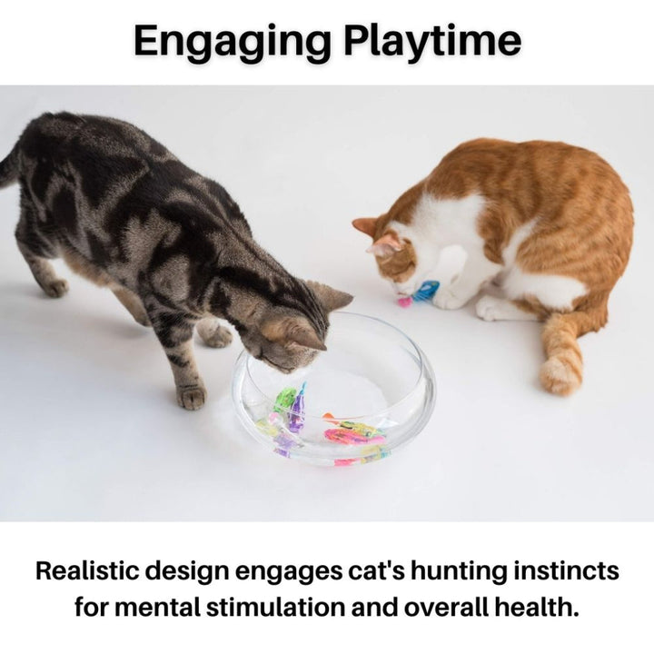 Feline enrichment cat water toy, simulating a swimming fish with bright lights to engage playful pets.