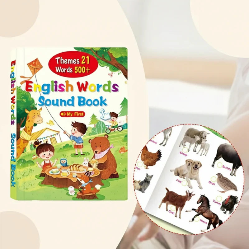 Kids musical toy: English learning sound book with touch-activated pages, vocabulary builder.