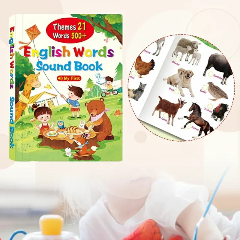 Educational toy: child points to colorful image in interactive English sound book.