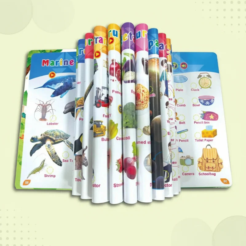 English language learning sound book, close-up of 'farm animals' page with speakers.