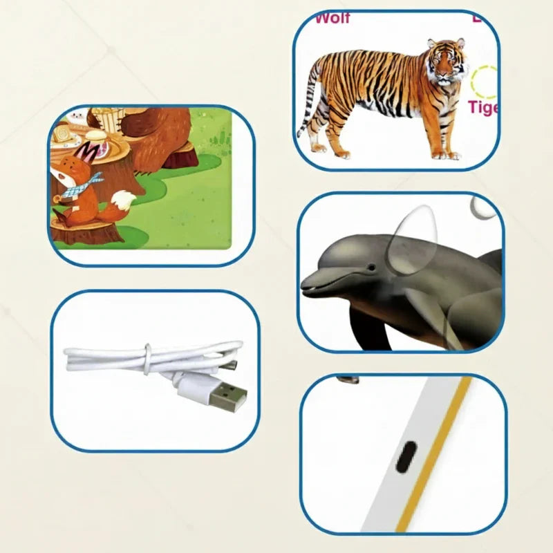 Portable interactive sound book, encouraging kids activity and English vocabulary acquisition.