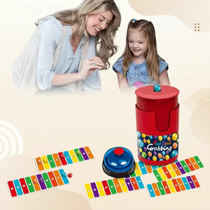 Close-up of child's hand playing the Color Bingo Reaction Game, developing hand-eye coordination