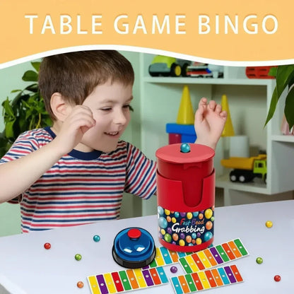 Family laughing and playing the Interactive Color Bingo Reaction Game, engaging indoor activity