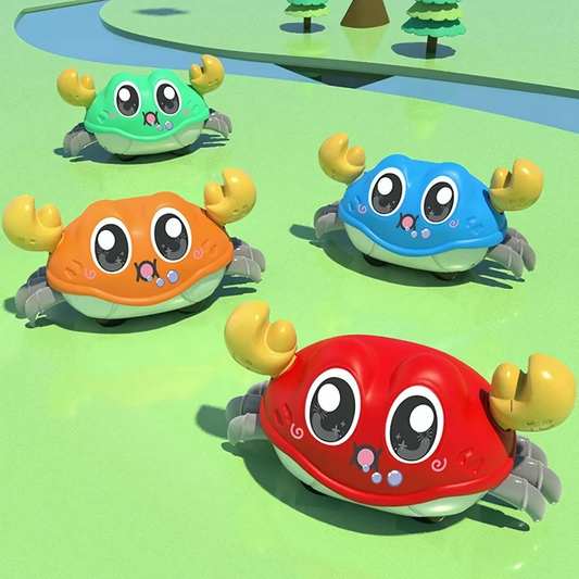 Interactive crawling crab toy in bright orange, encouraging active play for toddlers.